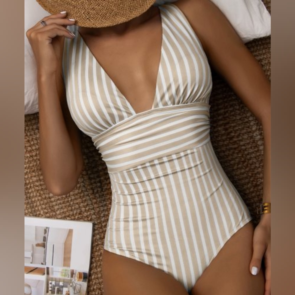 💦NIDALEE Taupe & White Stripe Sexy Swimsuit - Picture 4 of 7